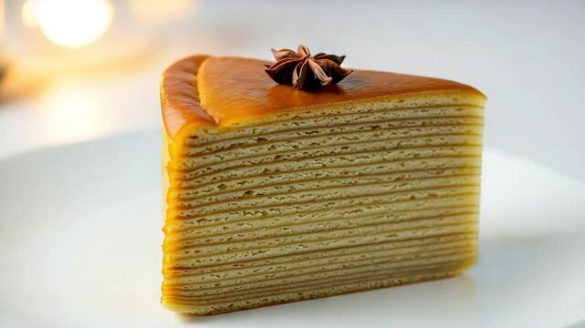Traditional Indonesian Lapis Legit Cake Slice with Star Anise Garnish on a White Plate, Multi-Layered Sweet Dessert