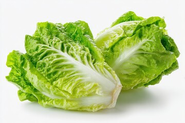 Two fresh, vibrant green butter lettuce heads, slightly moist, sit closely together on a stark white background