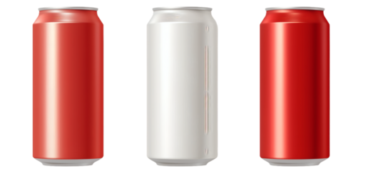 Three aluminum soda cans, two red and one white, are neatly arranged in a row, showcasing their cylindrical shape and metallic finish.