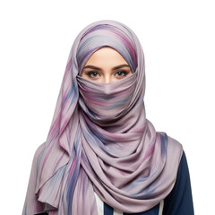 Portrait of a beautiful young Muslim woman in a colorful patterned hijab and niqab, showcasing her captivating eyes and elegant style. Isolated on a Transparent Background PNG.