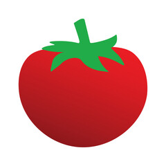 Fresh Red Tomato icon with green leaves isolated on a white background. Farming and gardening theme, natural organic product. Healthy food ,diet, vegan and vegetarian food design. Vector illustration