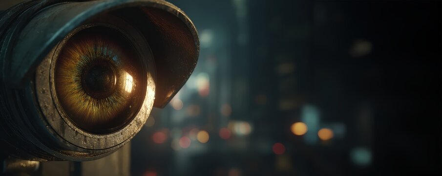 Detailed surveillance camera lens featuring an amber-toned human iris. Urban night setting with cinematic bokeh, representing artificial intelligence, digital security, and biometric scanning systems.
