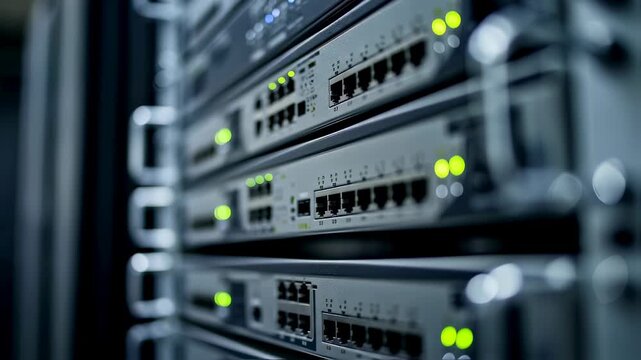 Server rack close up with blinking lights. Data center and internet network hardware. Modern cloud computing infrastructure.