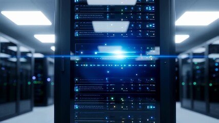 Data server rack with glowing blue light in a modern IT computer data center room, technology network infrastructure video - Powered by Adobe