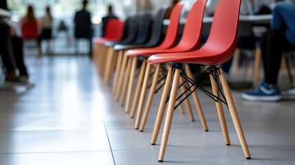 Row of modern chairs in office space waiting area for meeting or recruitment