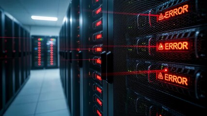 Server rack data processing with red error alerts evolving from digital information flow footage. - Powered by Adobe