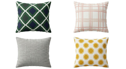 Four decorative throw pillows isolated on transparent background