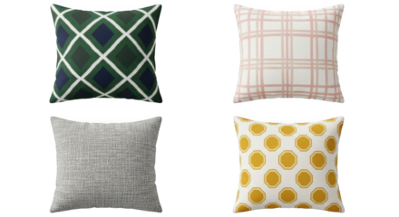 Four decorative throw pillows isolated on transparent background