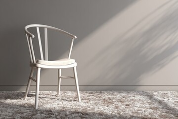 A minimalist off-white wooden chair with a light beige cushioned seat sits on a neutral-toned rug against a muted wall, bathed in soft sunlight