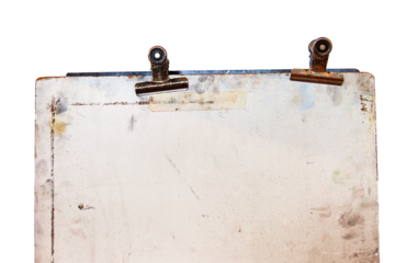 Vintage sketch board with two old metal clips at the top, showing rust, stains, and age marks on a discolored surface. cutout on transparent background.