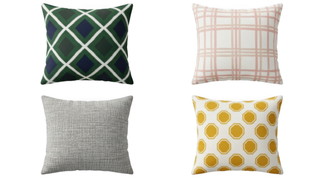 Four decorative throw pillows isolated on transparent background