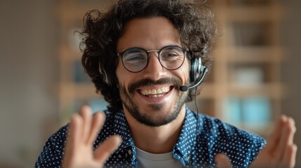 hispanic indian smiling businessman wearing glasses and headset having virtual team meeting call talking remotely working at home watching online learning training webinar in remote office no logos n