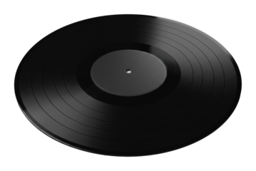 Classic black vinyl record with grooves. Cut out PNG