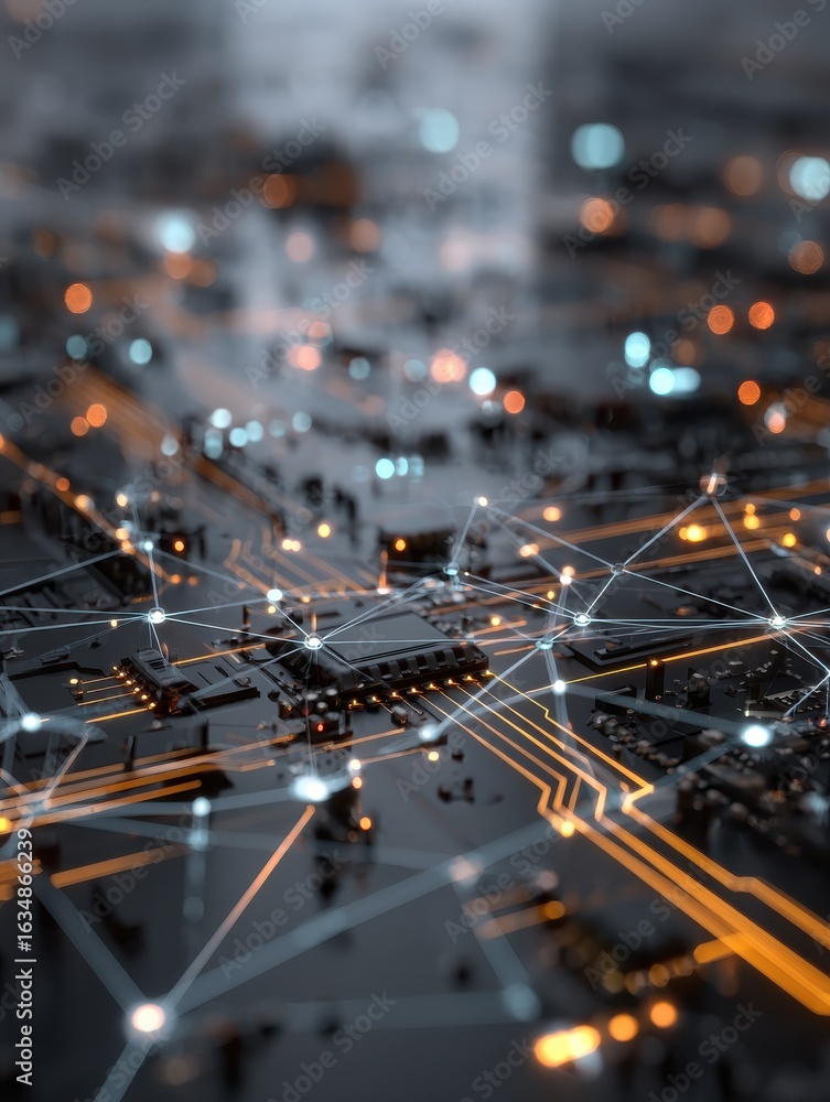 Poster the image depicts an abstract digital circuit board with a network overlay suggesting connectivity a
