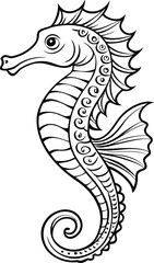 Seahorse t shirt design silhouette and vector line art, Detailed Line Art for Relaxation and Stress Relief, Ideal for Adult Coloring Books or Printable Art Therapy Projects