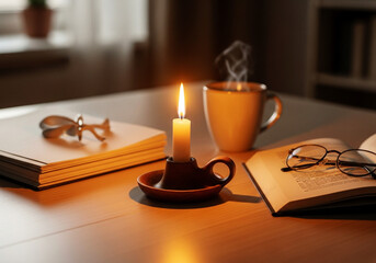 Warm candlelight illuminates an open book and steaming coffee on a wooden table creating a cozy atmosphere