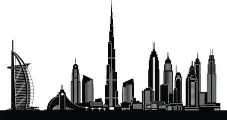 Dubai city skyline silhouette, Burj Khalifa, urban architecture, famous landmarks, skyscraper view, UAE skyline, cityscape design, modern buildings © Biplob Creatives