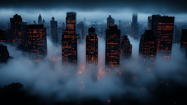 City skyline shrouded in mist at twilight.