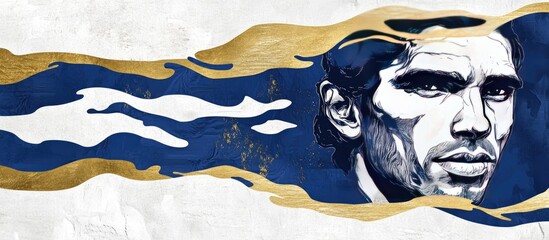 Intense Male Portrait in Ink-Style Amidst Abstract Gold and Deep Blue Textured Waves