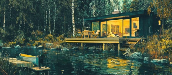 Lakeside Cabin Retreat: Tranquil Waters, Modern Architecture, and Golden Interior Glow