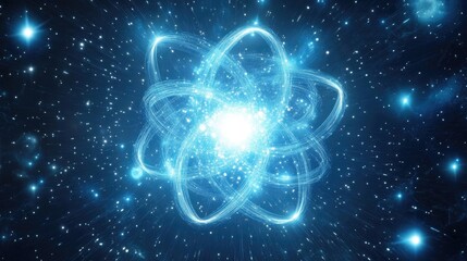 Luminous Atomic Structure with Swirling Blue Energy Trails in Cosmic Nebula