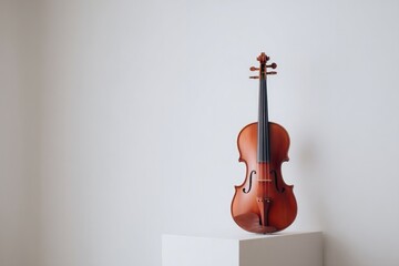 Elegant violin stands alone on pedestal, showcasing its intricat