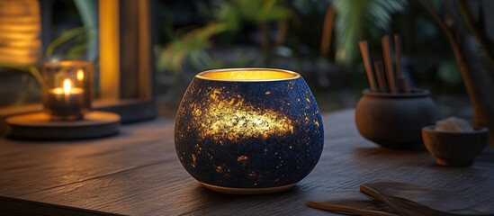 Luminous Blue and Gold Speckled Votive Creating a Serene, Cozy Evening Ambiance