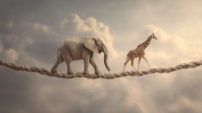 managing risk business challenges uncertainty concept elephant with giraffe walking on dangerous rope high in sky symbol balance overcoming fear for goal success young entrepreneur corporate world  n