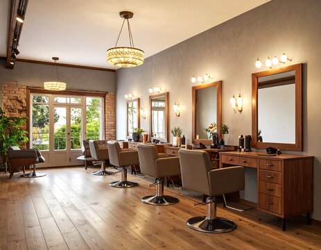 Well-lit hair salon with wooden furniture, stylish chairs, and large windows showing greenery - Powered by Adobe