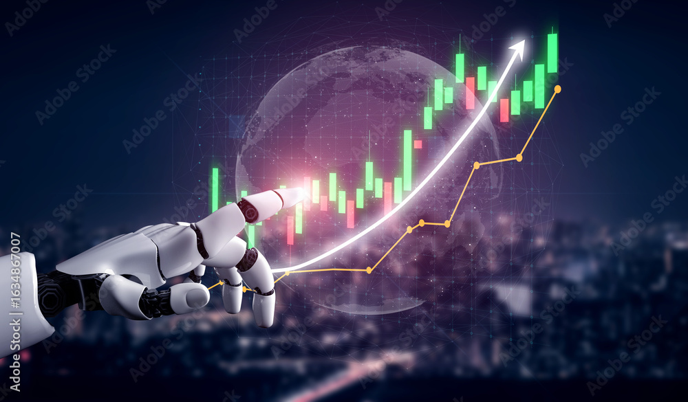 Aufkleber this image features a robotic hand pointing at a rising stock market graph, symbolizing growth and t