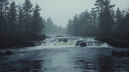 Misty river flowing over rocks in a wooded area.