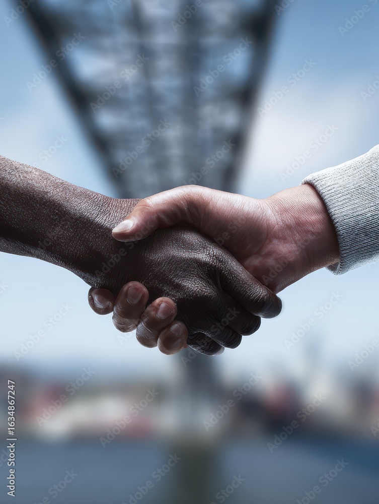 Poster a handshake above a symbolic bridge in the background representing unity and the power of collaborat