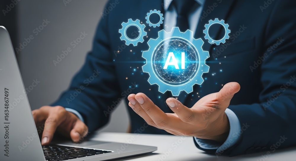 Poster artificial intelligence ai technology concept businessman using laptop with ai gears icon