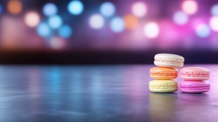 Colorful macaron stack on reflective surface delicious dessert
