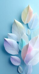 Pastel-colored leaves artfully arranged on a light blue background, creating a soft, ethereal aesthetic