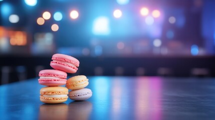 Colorful macaron stack on reflective surface bokeh background sweet food photography