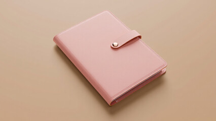Minimalist pink planner or notebook with button closure on beige background