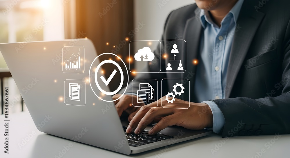 Poster business man using laptop for document management system online database technology concept