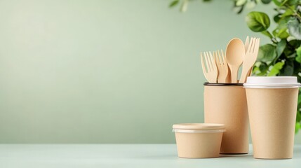 Sustainable disposable food containers and utensils still life