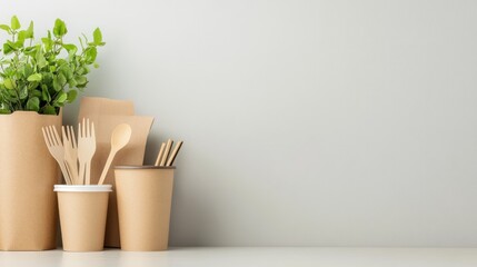 Biodegradable tableware paper bags and green plant eco friendly concept