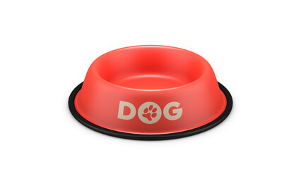  Red dog bowl on white background. Dog paw print. 3D render. Illustration.