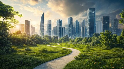 Obraz premium Serene Path to Futuristic Cityscape: Green Park Leading to Modern Towers