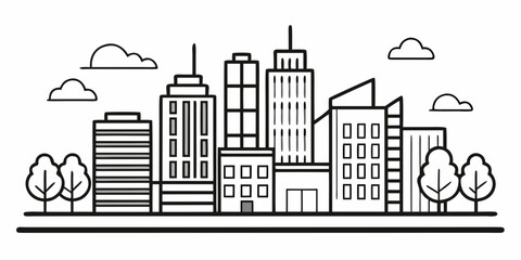 Obraz premium Line art cityscape with office buildings and trees, minimal black outline style, isolated on white background, clean vector illustration