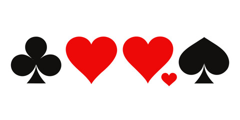 Flat vector illustration of four playing card suits: heart, club, diamond, and spade, bold red and black colors, minimal design, white background