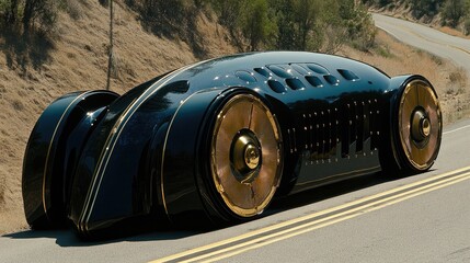 Striking Black and Gold Streamlined Concept Car with Ornate Wheels on a Sunny Winding Road
