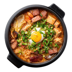 Budae jjigae from korea, served hot and delicious [Transparent Background PNG].