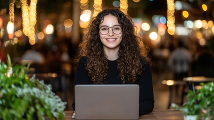Woman working on laptop with string lights bokeh background