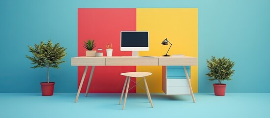 Vibrant Color-Block Workspace with Minimalist Scandinavian Desk and Symmetrical Plants