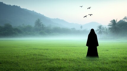 Person in foggy field with birds and mountains landscape