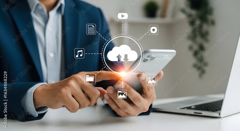Aufkleber cloud computing data storage and sharing on mobile phone with business man technology concept